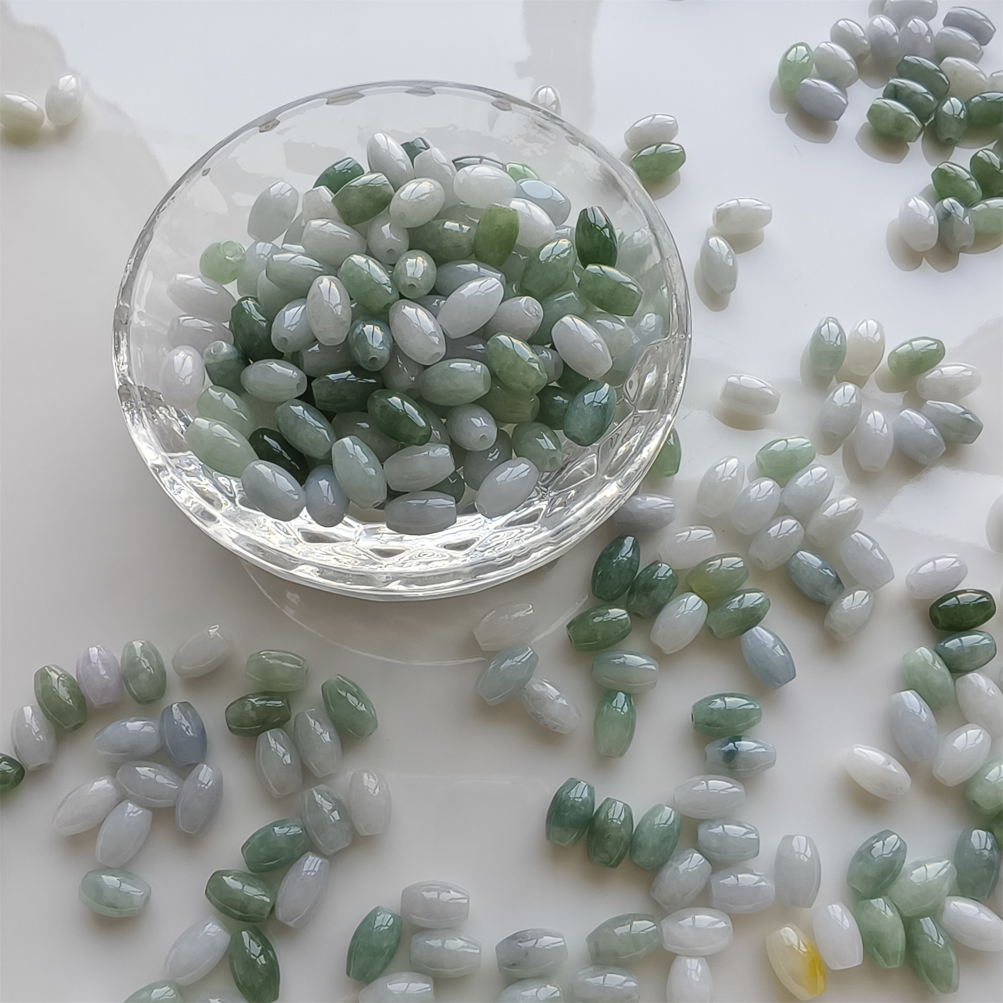 DDP 20pcs 6X9mm Natural Certificated Type A Green White Burmese Jadeite Smooth Oval Barrel Beads