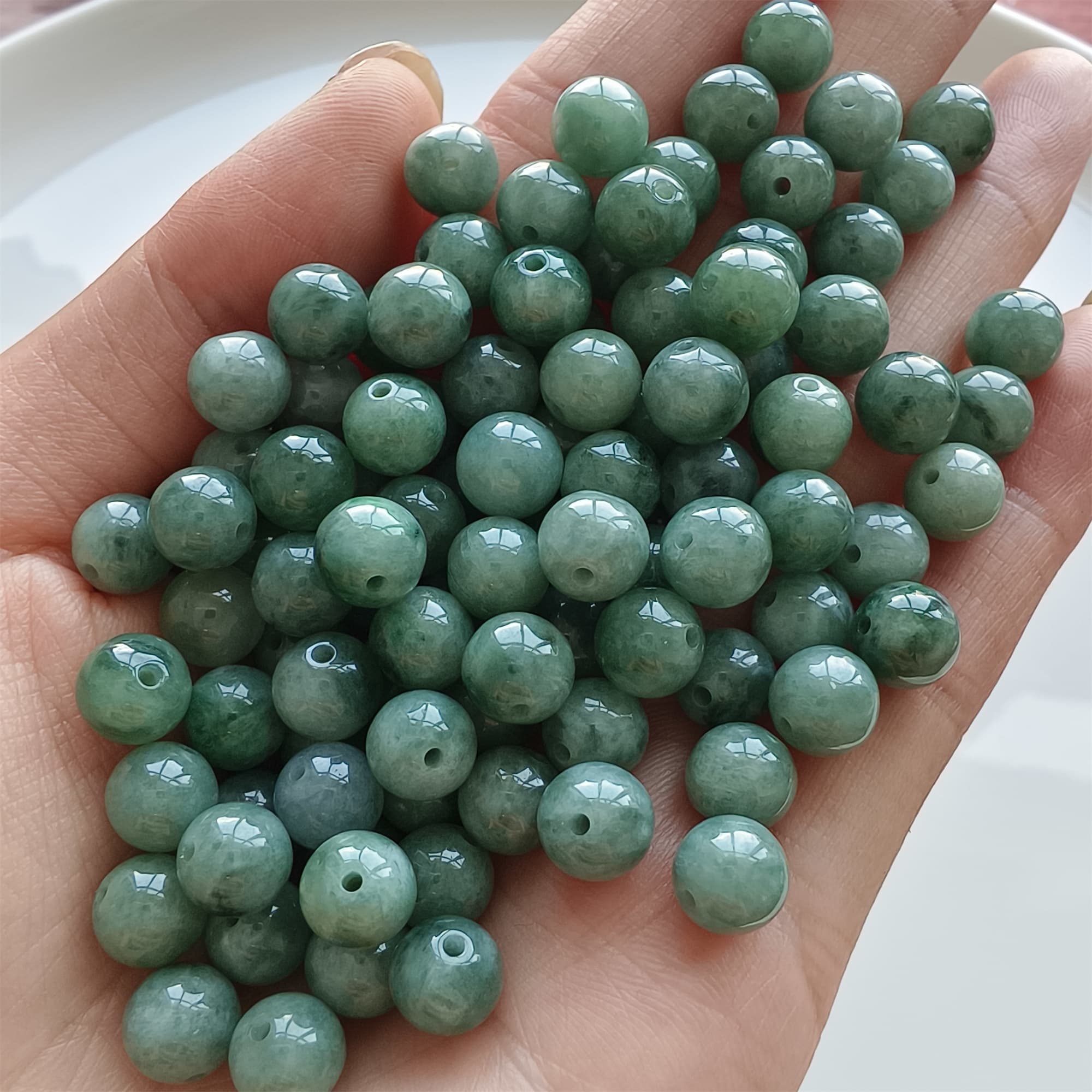 DDP 25pcs 7.5mm Natural Certificated Type A Green Burmese Jadeite Round Beads