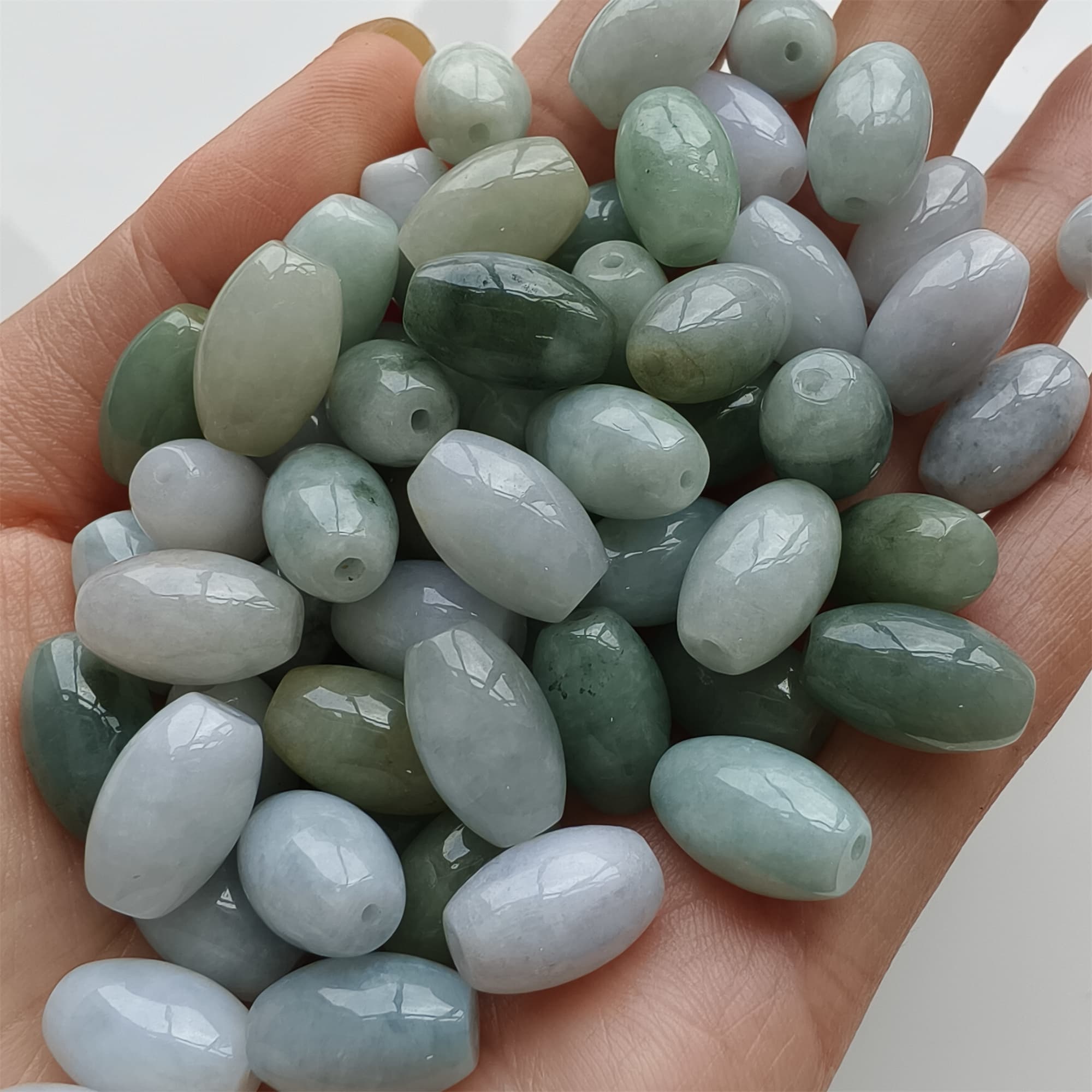 DDP 20pcs 8X13mm Natural Certificated Type A Green White Burmese Jadeite Smooth Oval Barrel Beads