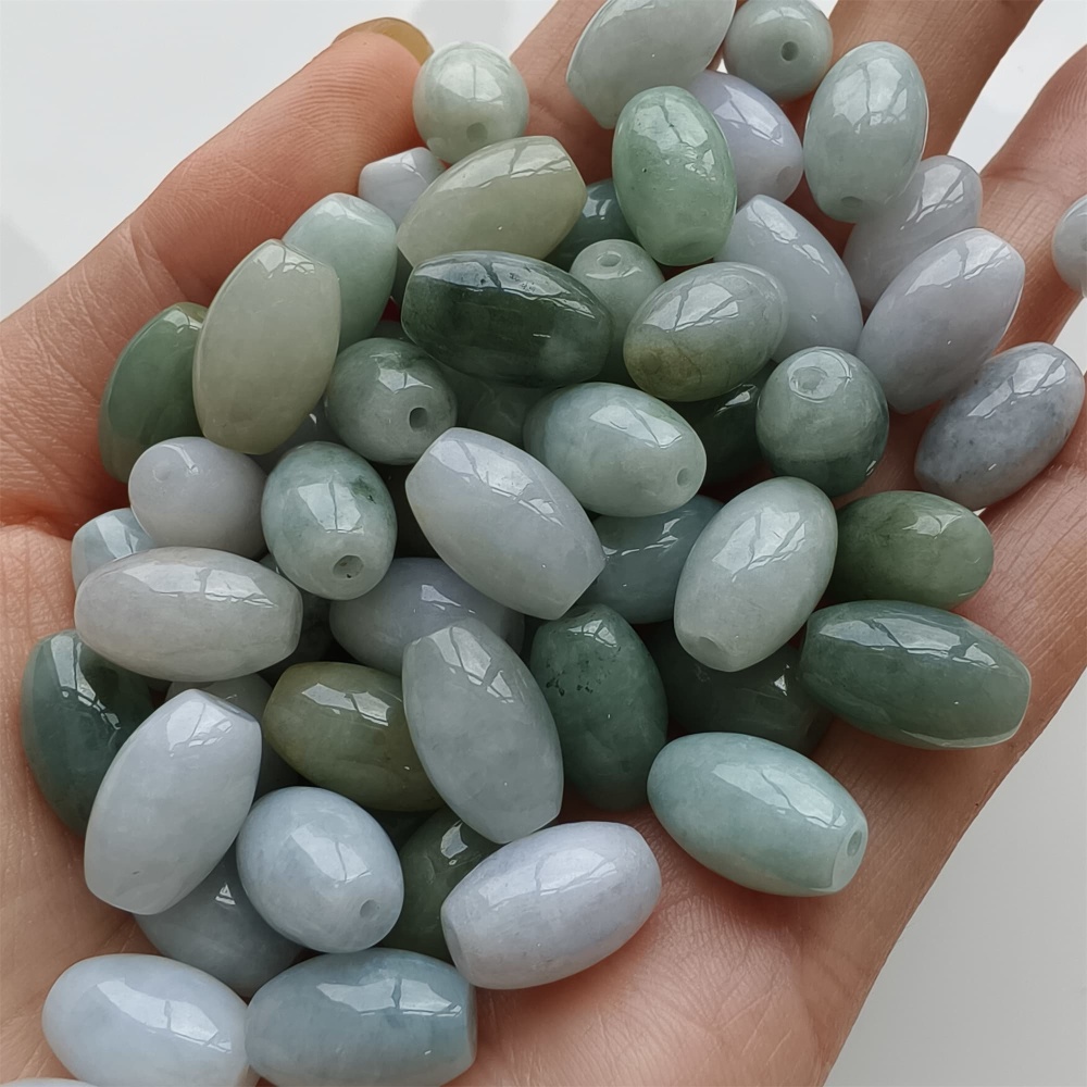 DDP 20pcs 8X13mm Natural Certificated Type A Green White Burmese Jadeite Smooth Oval Barrel Beads