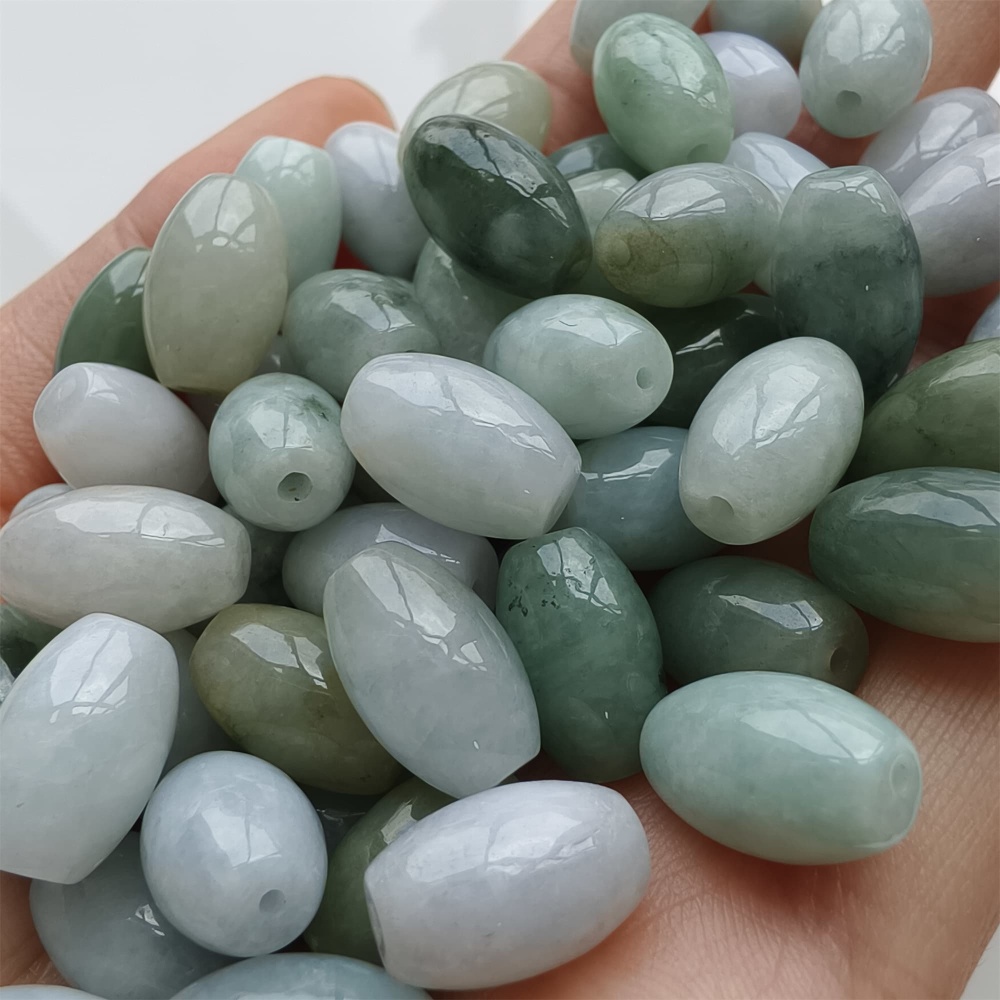 DDP 20pcs 8X13mm Natural Certificated Type A Green White Burmese Jadeite Smooth Oval Barrel Beads