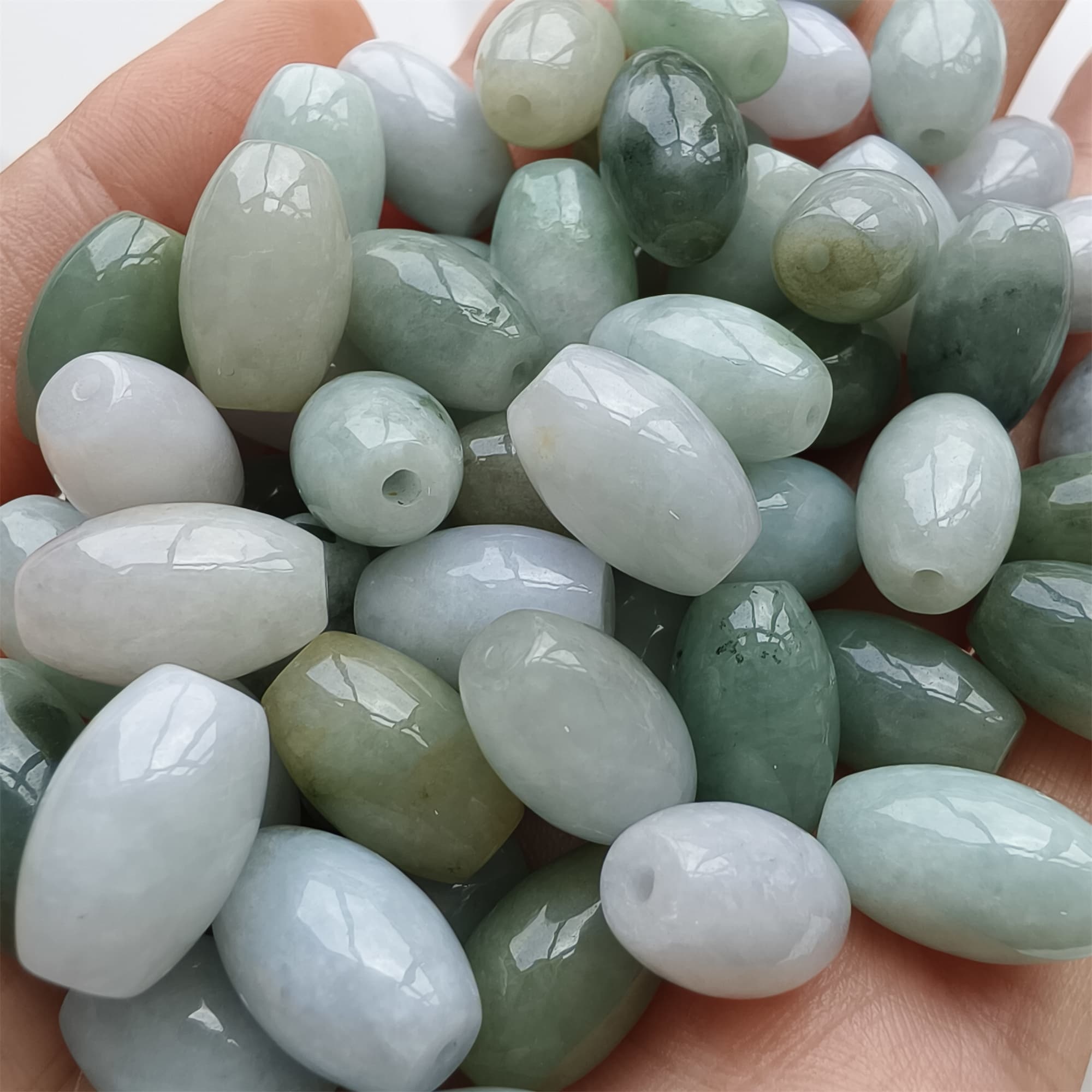 DDP 20pcs 8X13mm Natural Certificated Type A Green White Burmese Jadeite Smooth Oval Barrel Beads