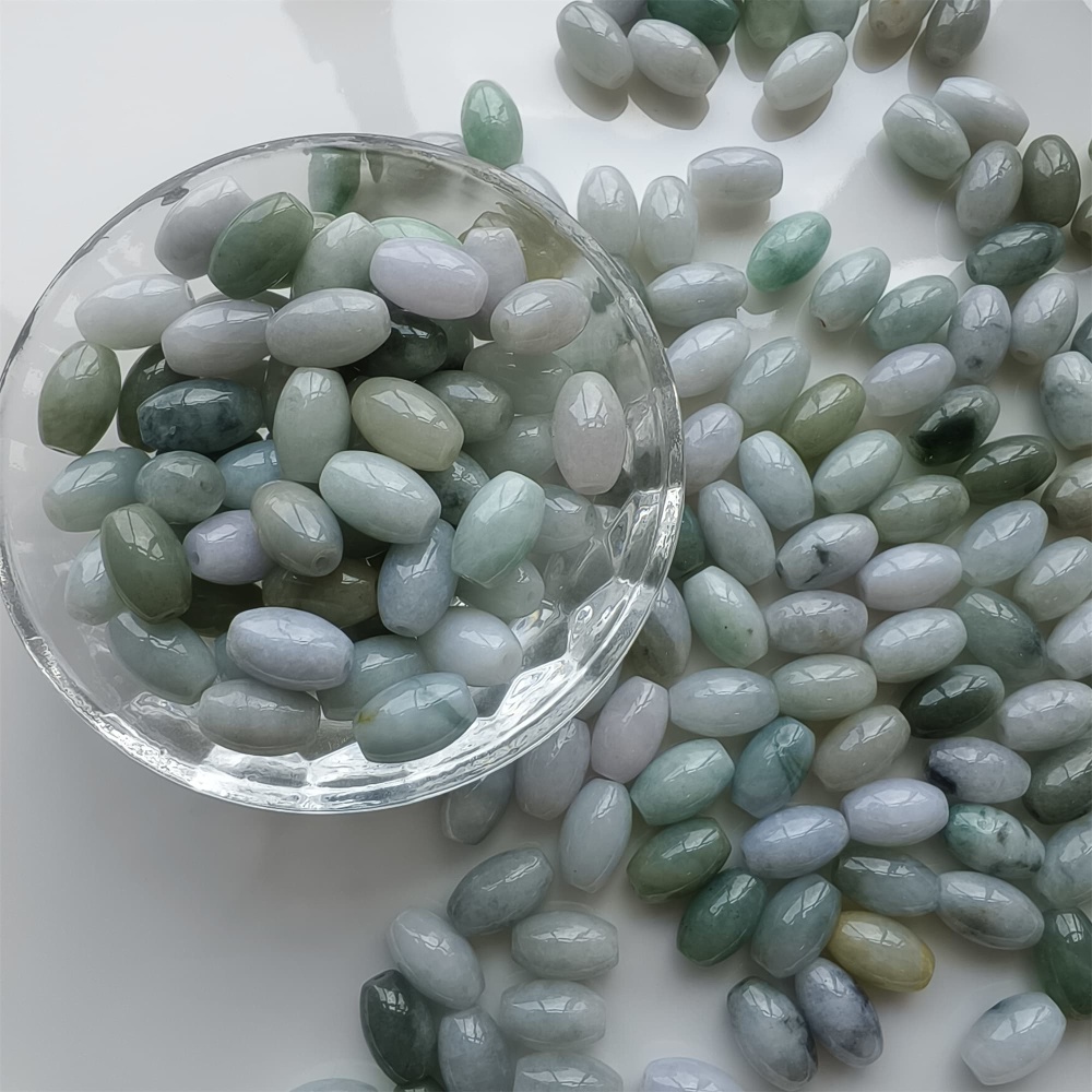 DDP 20pcs 8X13mm Natural Certificated Type A Green White Burmese Jadeite Smooth Oval Barrel Beads
