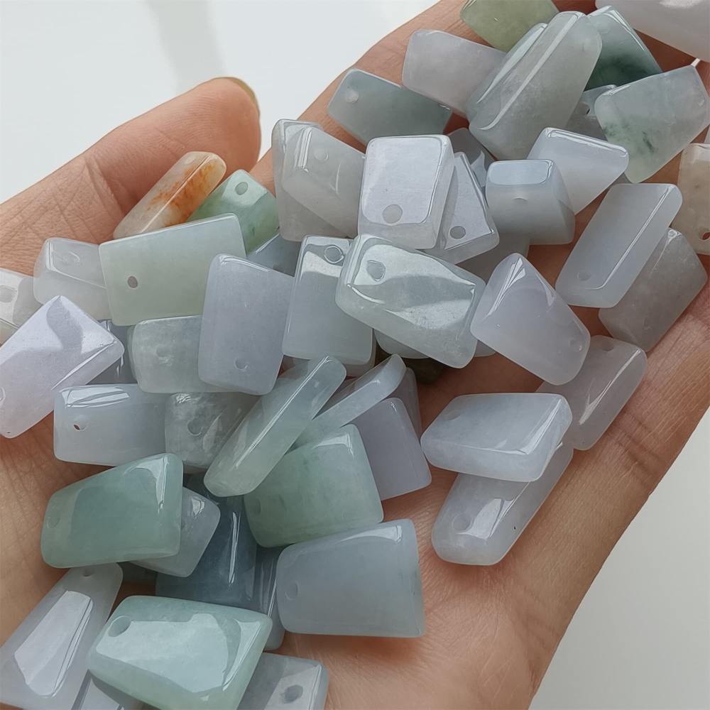 DDP 5pcs 11-18mm Natural Certificated Type A Green White Burmese Jadeite Smooth Trapezoid平安无事 Charms