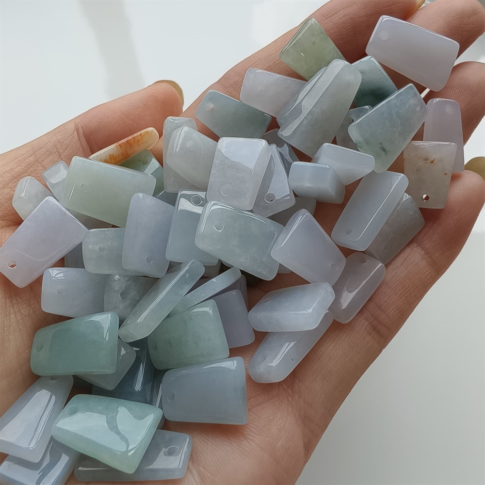 DDP 5pcs 11-18mm Natural Certificated Type A Green White Burmese Jadeite Smooth Trapezoid平安无事 Charms