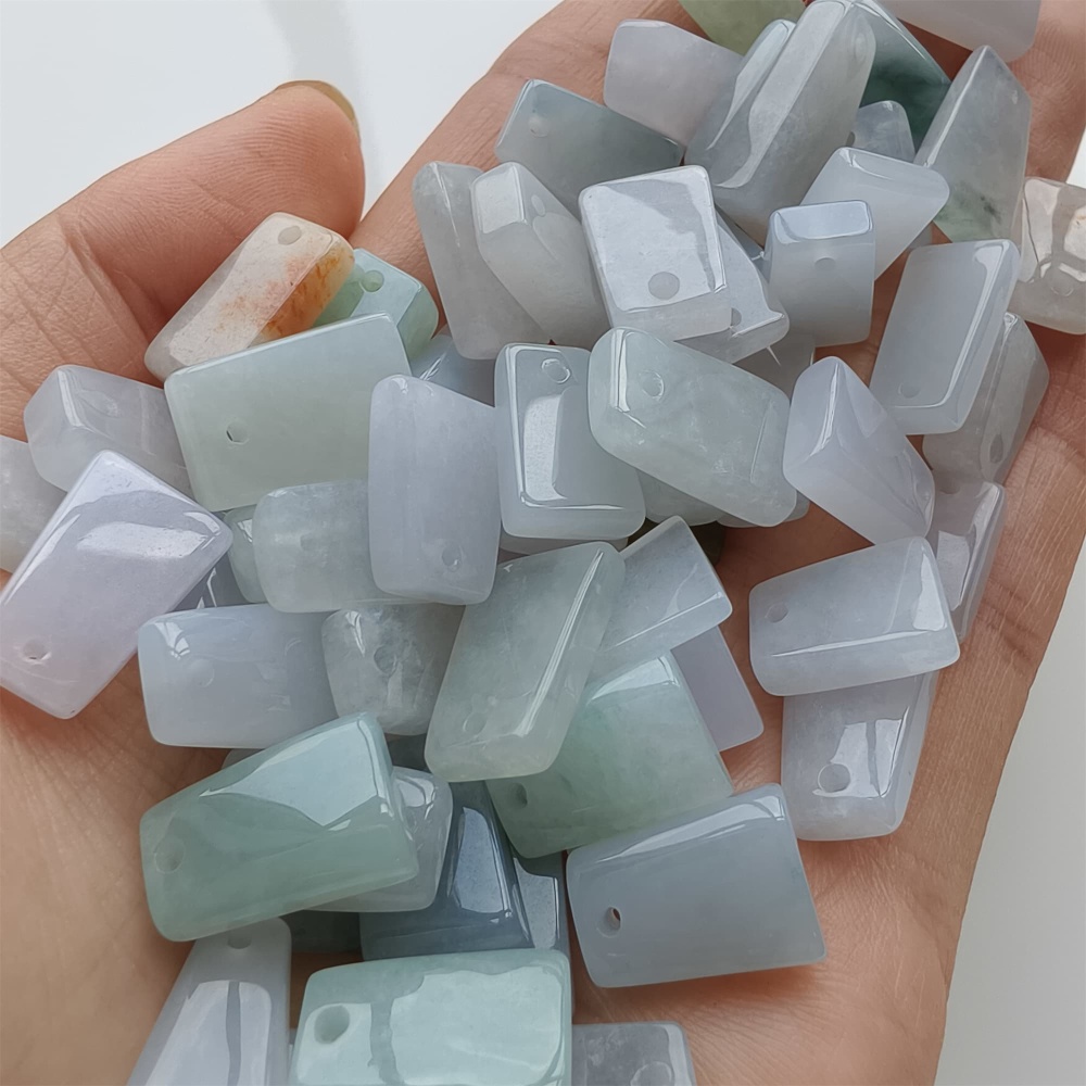 DDP 5pcs 11-18mm Natural Certificated Type A Green White Burmese Jadeite Smooth Trapezoid平安无事 Charms