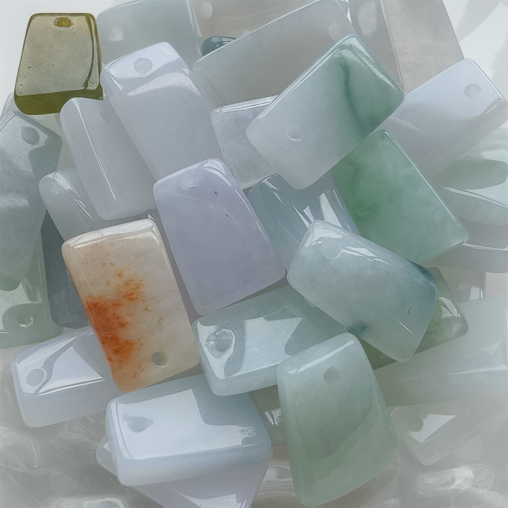 DDP 5pcs 11-18mm Natural Certificated Type A Green White Burmese Jadeite Smooth Trapezoid平安无事 Charms