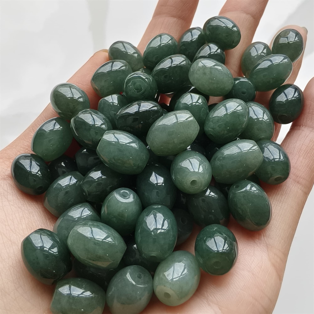 DDP 5pcs 11-11.5X9-9.9mm Natural Type A Certificated Oil Green Burmese Jadeite Oval Barrel Beads