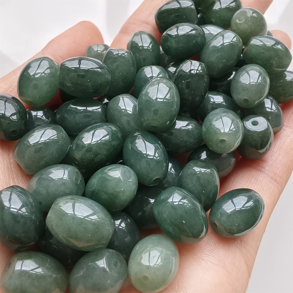DDP 5pcs 11-11.5X9-9.9mm Natural Type A Certificated Oil Green Burmese Jadeite Oval Barrel Beads