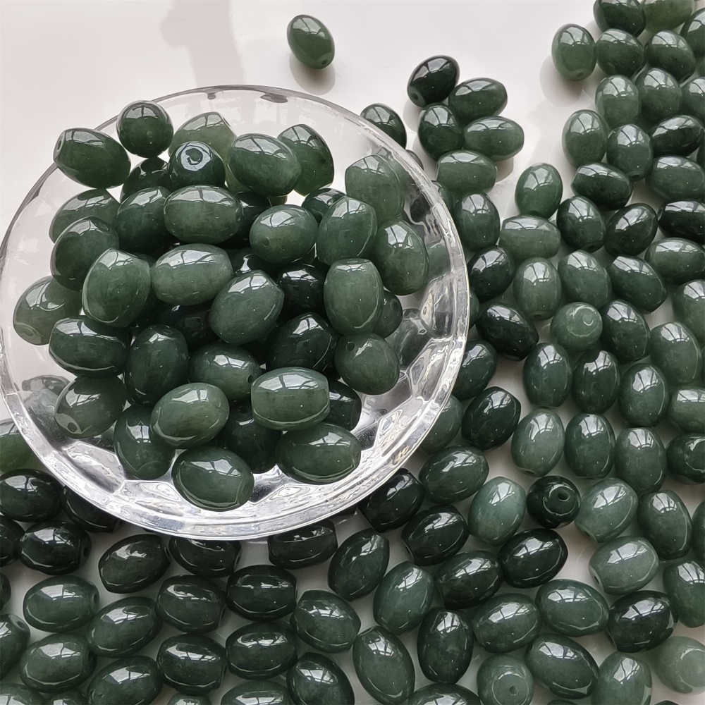 DDP 5pcs 11-11.5X9-9.9mm Natural Type A Certificated Oil Green Burmese Jadeite Oval Barrel Beads