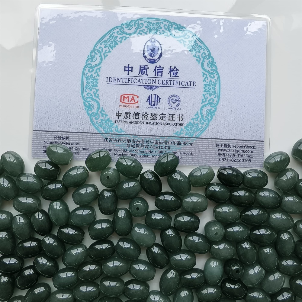 DDP 5pcs 11-11.5X9-9.9mm Natural Type A Certificated Oil Green Burmese Jadeite Oval Barrel Beads