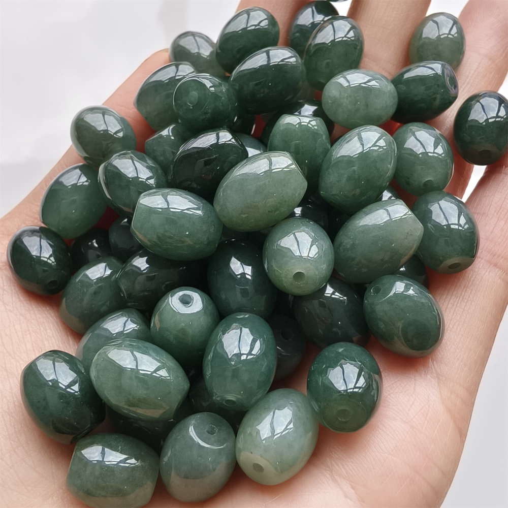 DDP 5pcs 11-11.5X9-9.9mm Natural Type A Certificated Oil Green Burmese Jadeite Oval Barrel Beads