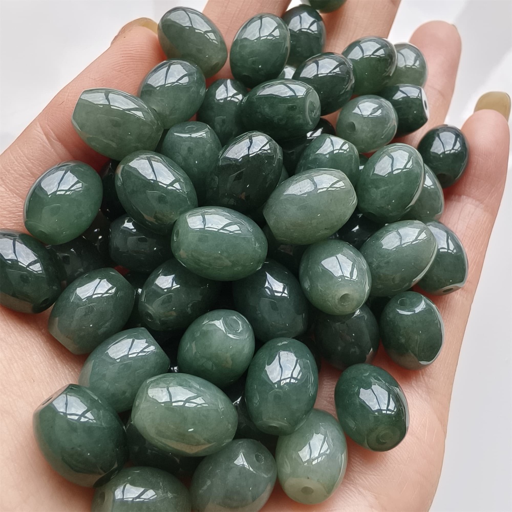 DDP 5pcs 11-11.5X9-9.9mm Natural Type A Certificated Oil Green Burmese Jadeite Oval Barrel Beads