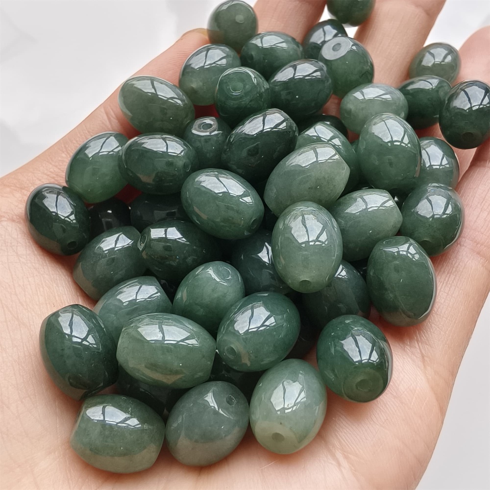 DDP 5pcs 11-11.5X9-9.9mm Natural Type A Certificated Oil Green Burmese Jadeite Oval Barrel Beads