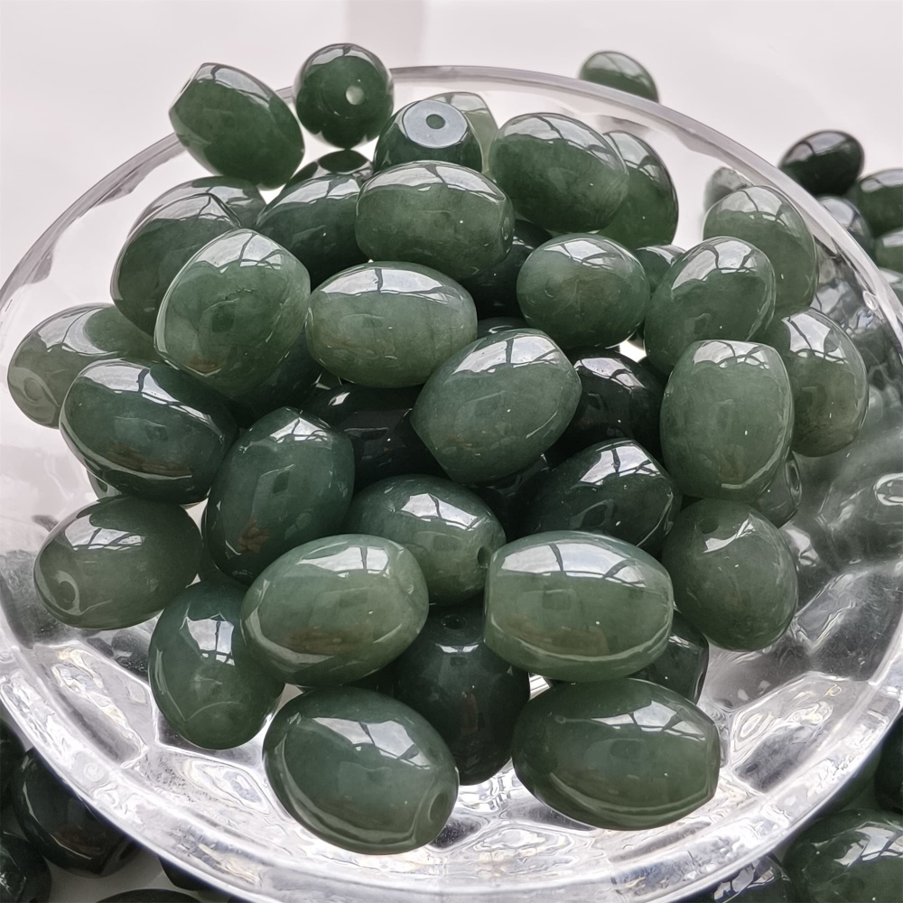 DDP 5pcs 11-11.5X9-9.9mm Natural Type A Certificated Oil Green Burmese Jadeite Oval Barrel Beads