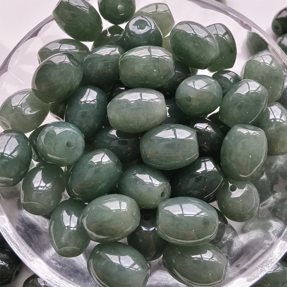 DDP 5pcs 11-11.5X9-9.9mm Natural Type A Certificated Oil Green Burmese Jadeite Oval Barrel Beads