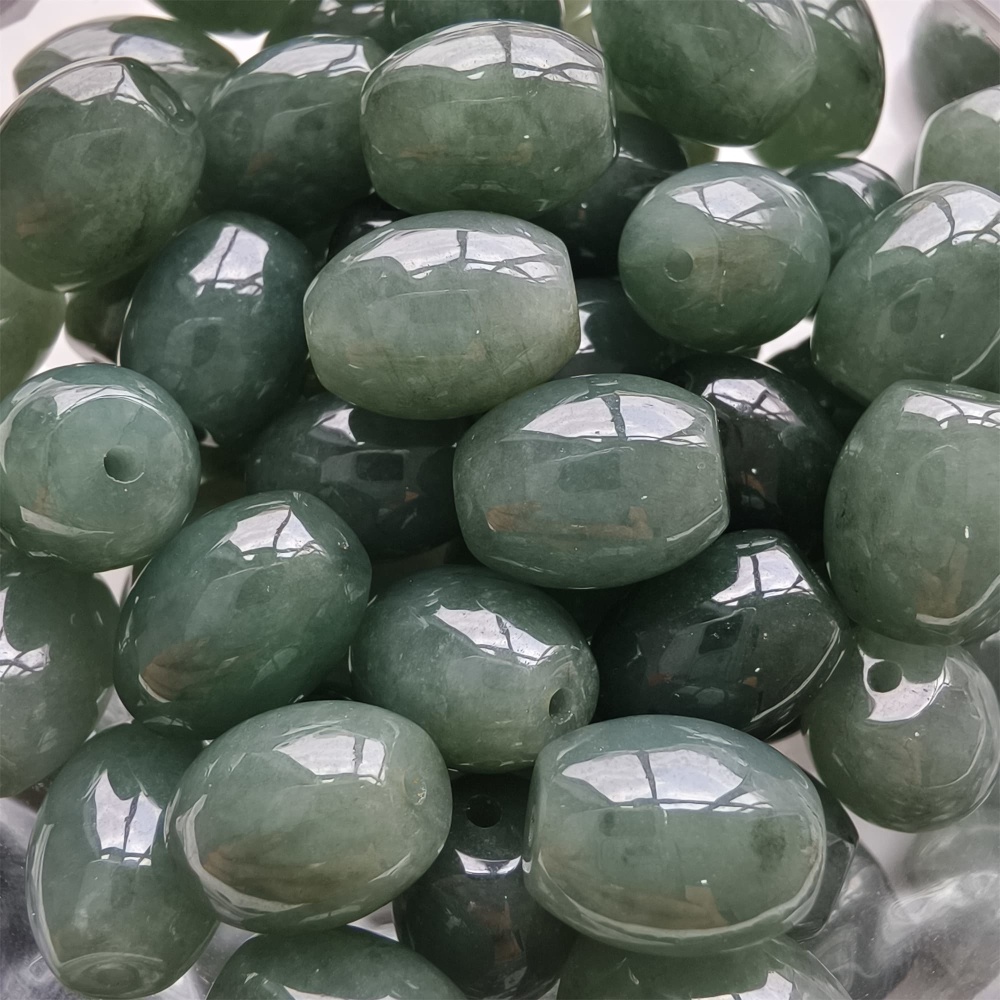 DDP 5pcs 11-11.5X9-9.9mm Natural Type A Certificated Oil Green Burmese Jadeite Oval Barrel Beads