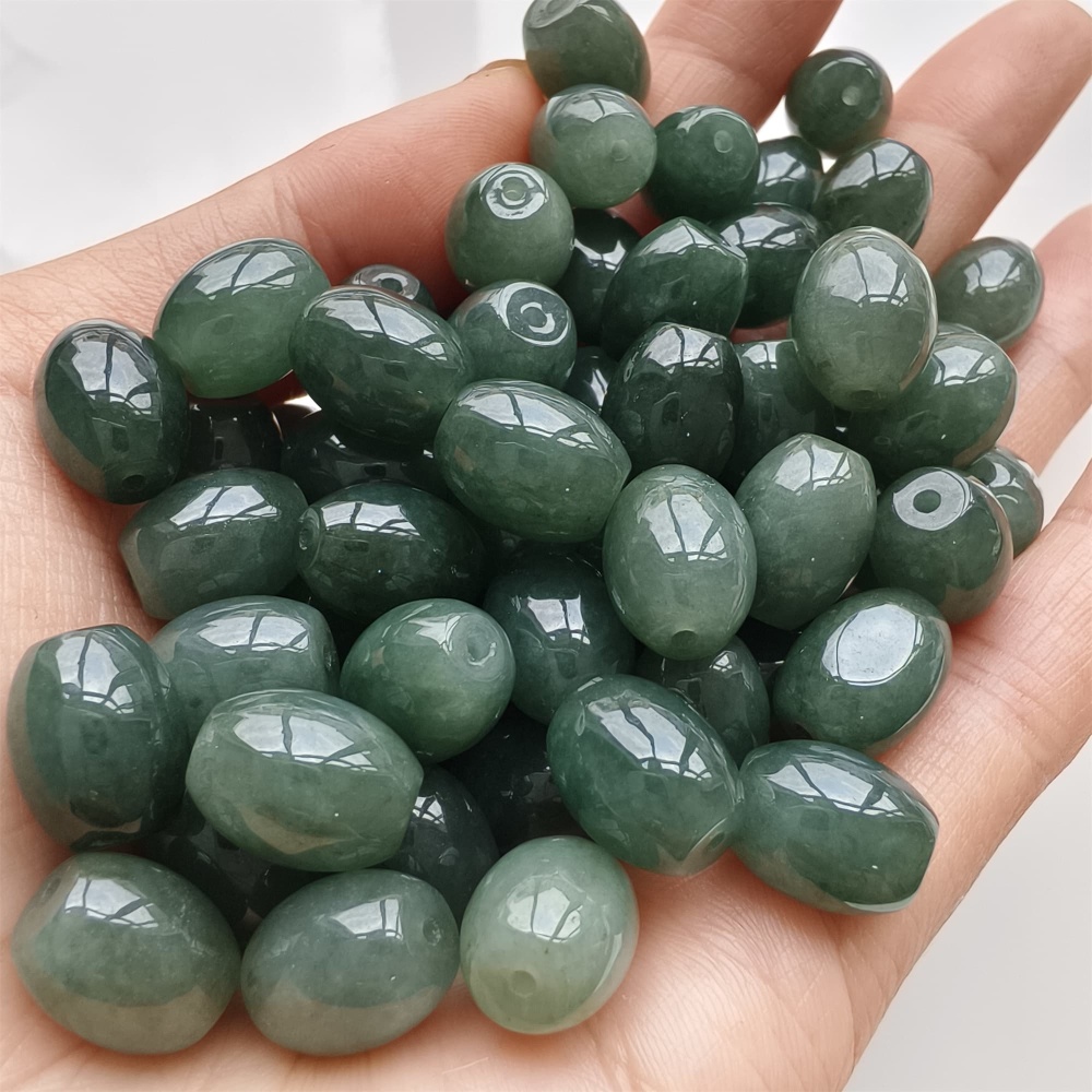 DDP 5pcs 11-11.5X9-9.9mm Natural Type A Certificated Oil Green Burmese Jadeite Oval Barrel Beads