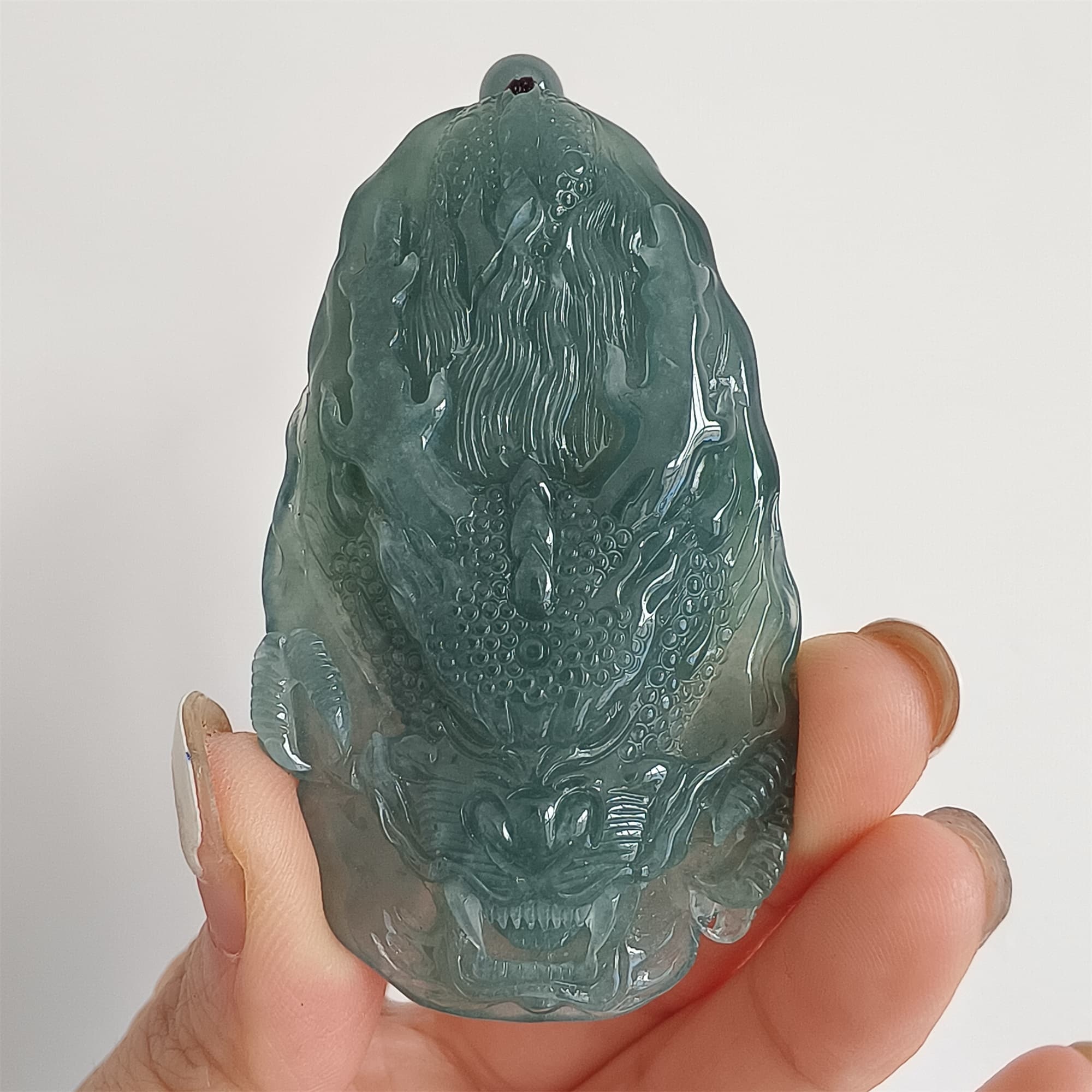 DDP 66mm Natural Type A Untreated Icy Waxy Blue Watery Guatemalan Jadeite Dragon Pendant