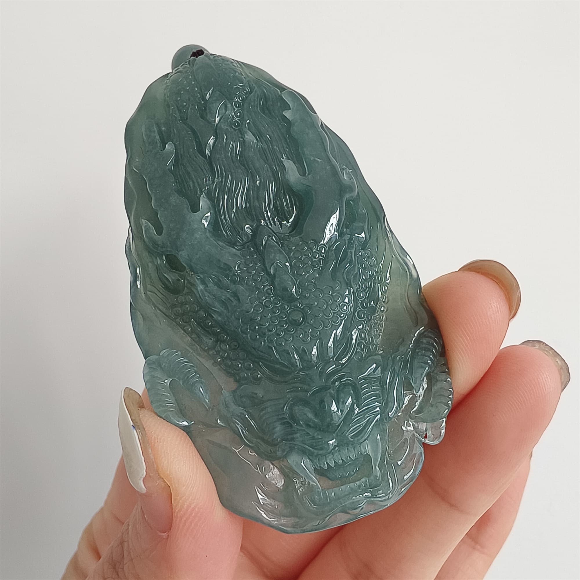 DDP 66mm Natural Type A Untreated Icy Waxy Blue Watery Guatemalan Jadeite Dragon Pendant