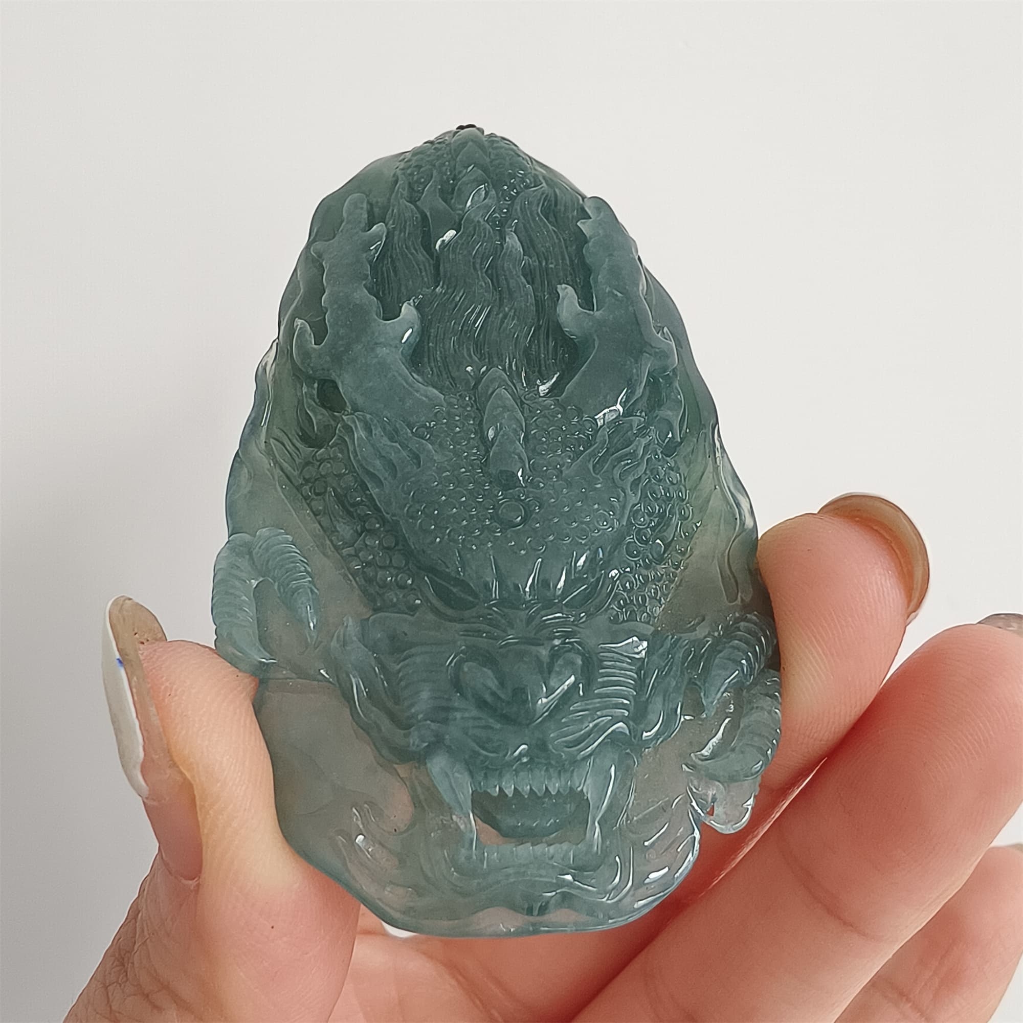 DDP 66mm Natural Type A Untreated Icy Waxy Blue Watery Guatemalan Jadeite Dragon Pendant