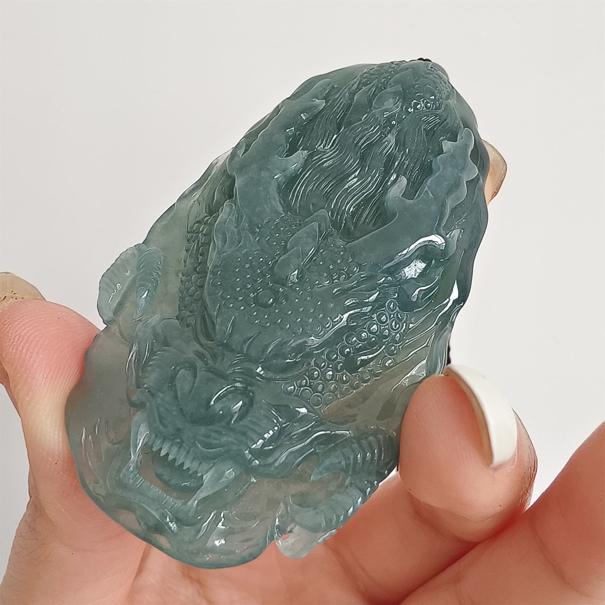 DDP 66mm Natural Type A Untreated Icy Waxy Blue Watery Guatemalan Jadeite Dragon Pendant