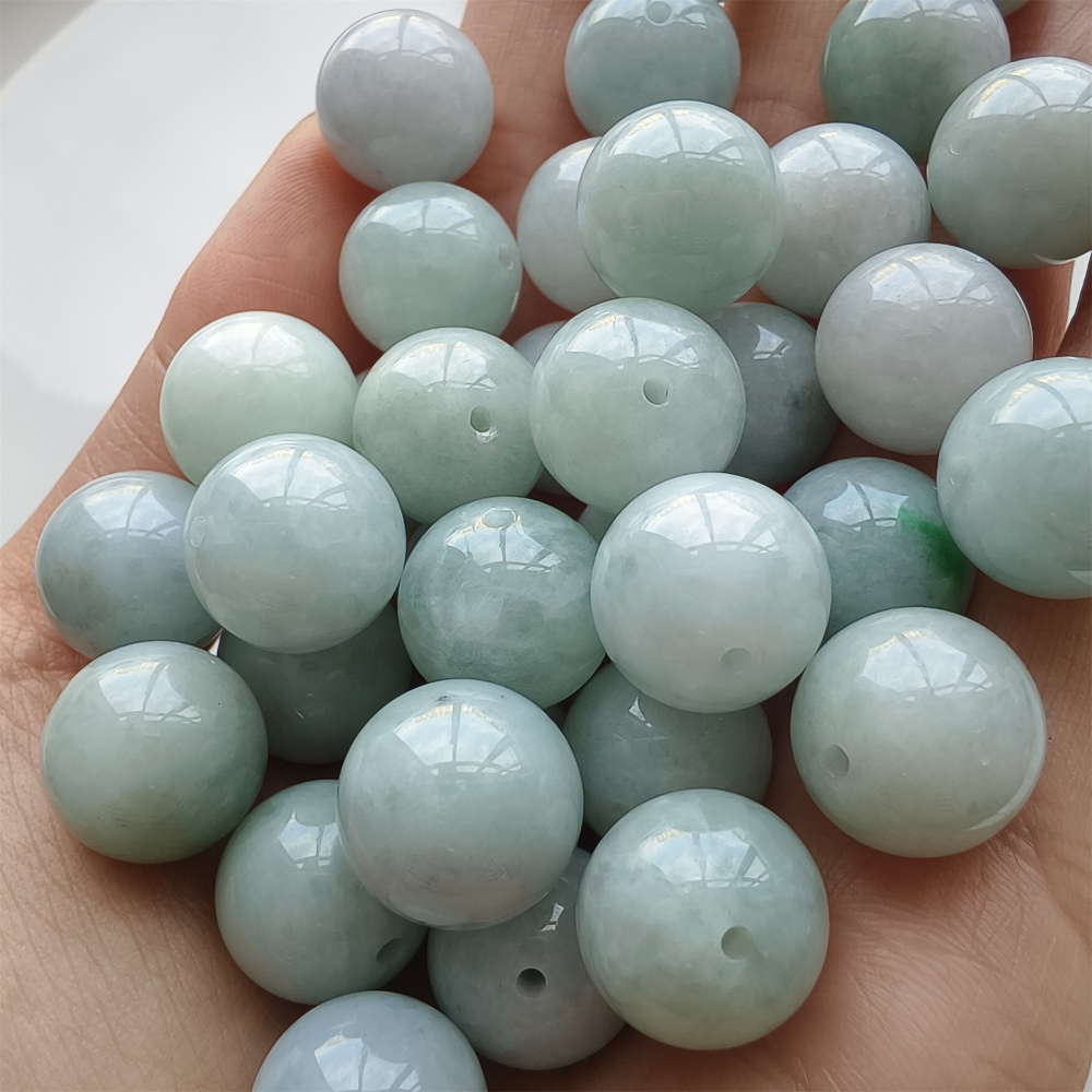 DDP 15pcs 13.5mm Natural Certificated Type A Icy White Green Burmese Jadeite Round Beads