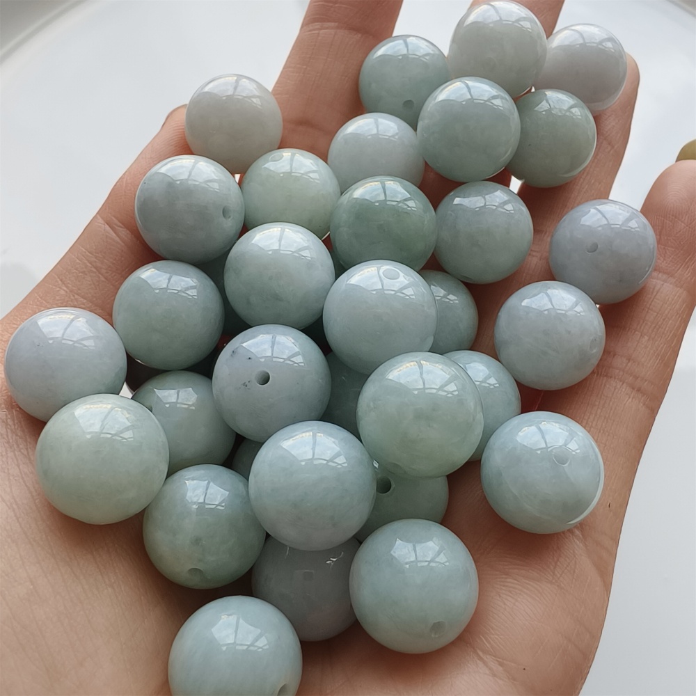 DDP 15pcs 13.5mm Natural Certificated Type A Icy White Green Burmese Jadeite Round Beads