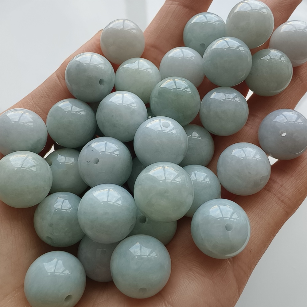 DDP 15pcs 13.5mm Natural Certificated Type A Icy White Green Burmese Jadeite Round Beads
