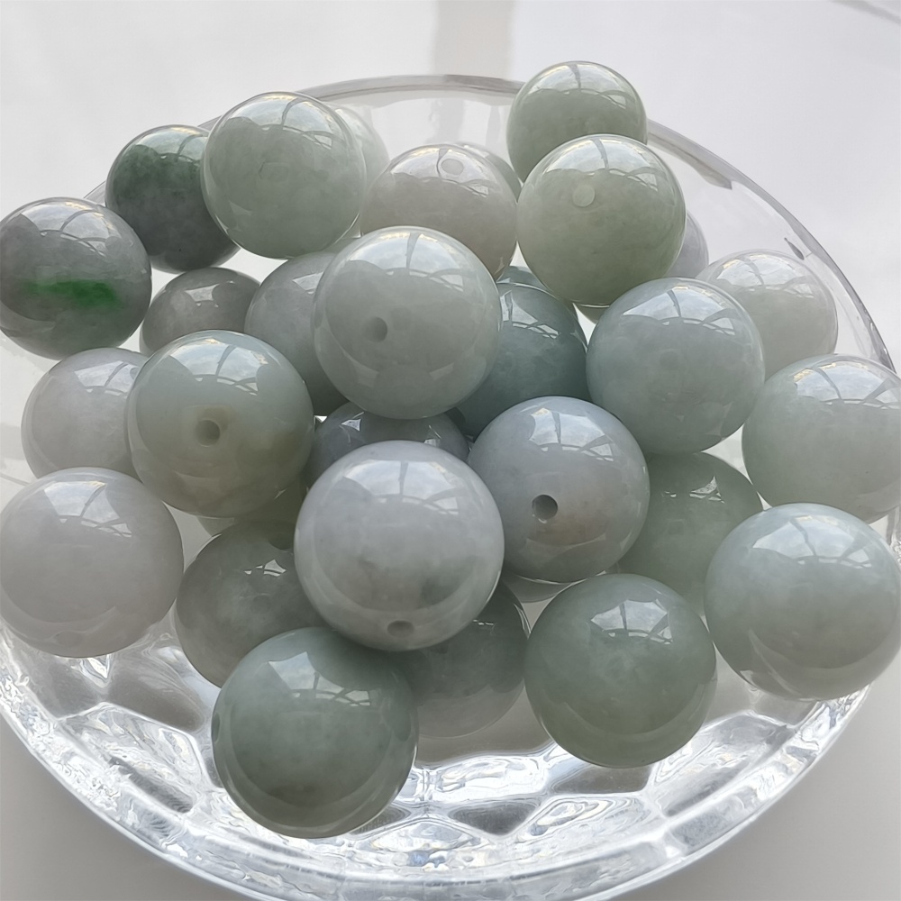 DDP 15pcs 13.5mm Natural Certificated Type A Icy White Green Burmese Jadeite Round Beads