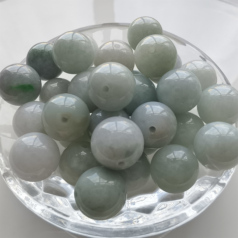DDP 15pcs 13.5mm Natural Certificated Type A Icy White Green Burmese Jadeite Round Beads