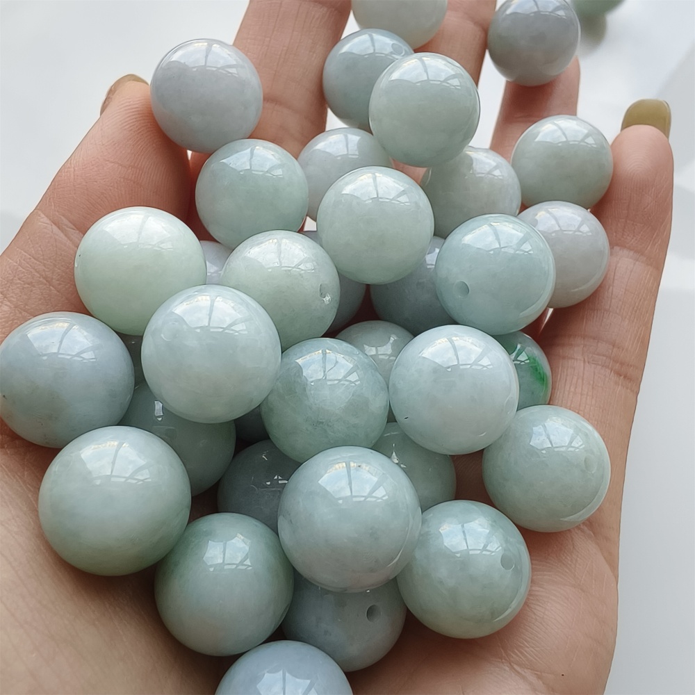 DDP 15pcs 13.5mm Natural Certificated Type A Icy White Green Burmese Jadeite Round Beads
