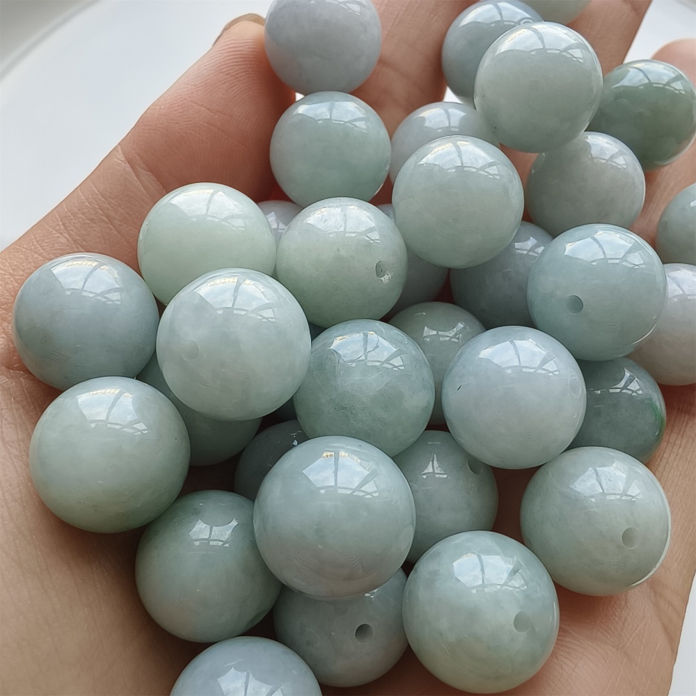 DDP 15pcs 13.5mm Natural Certificated Type A Icy White Green Burmese Jadeite Round Beads