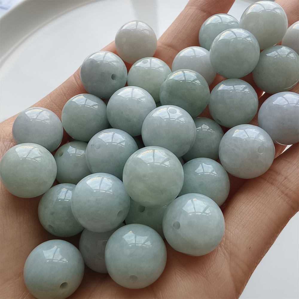 DDP 15pcs 13.5mm Natural Certificated Type A Icy White Green Burmese Jadeite Round Beads