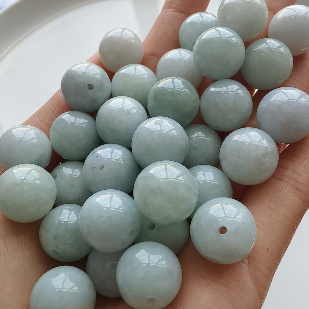DDP 15pcs 13.5mm Natural Certificated Type A Icy White Green Burmese Jadeite Round Beads