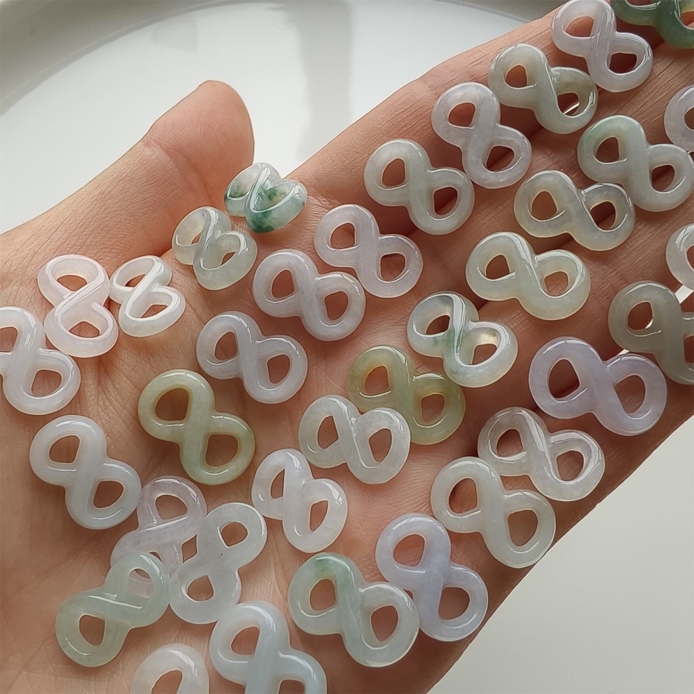 DDP 5pcs 15-17mm Natural Type A Green White Icy Waxy Burmese Jadeite Double Loop Figure-eight Beads