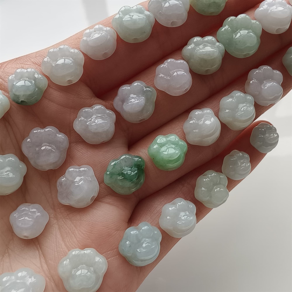 DDP 5pcs 9-12mm Natural Type A Green White Icy Waxy Burmese Jadeite Cat Paw Beads