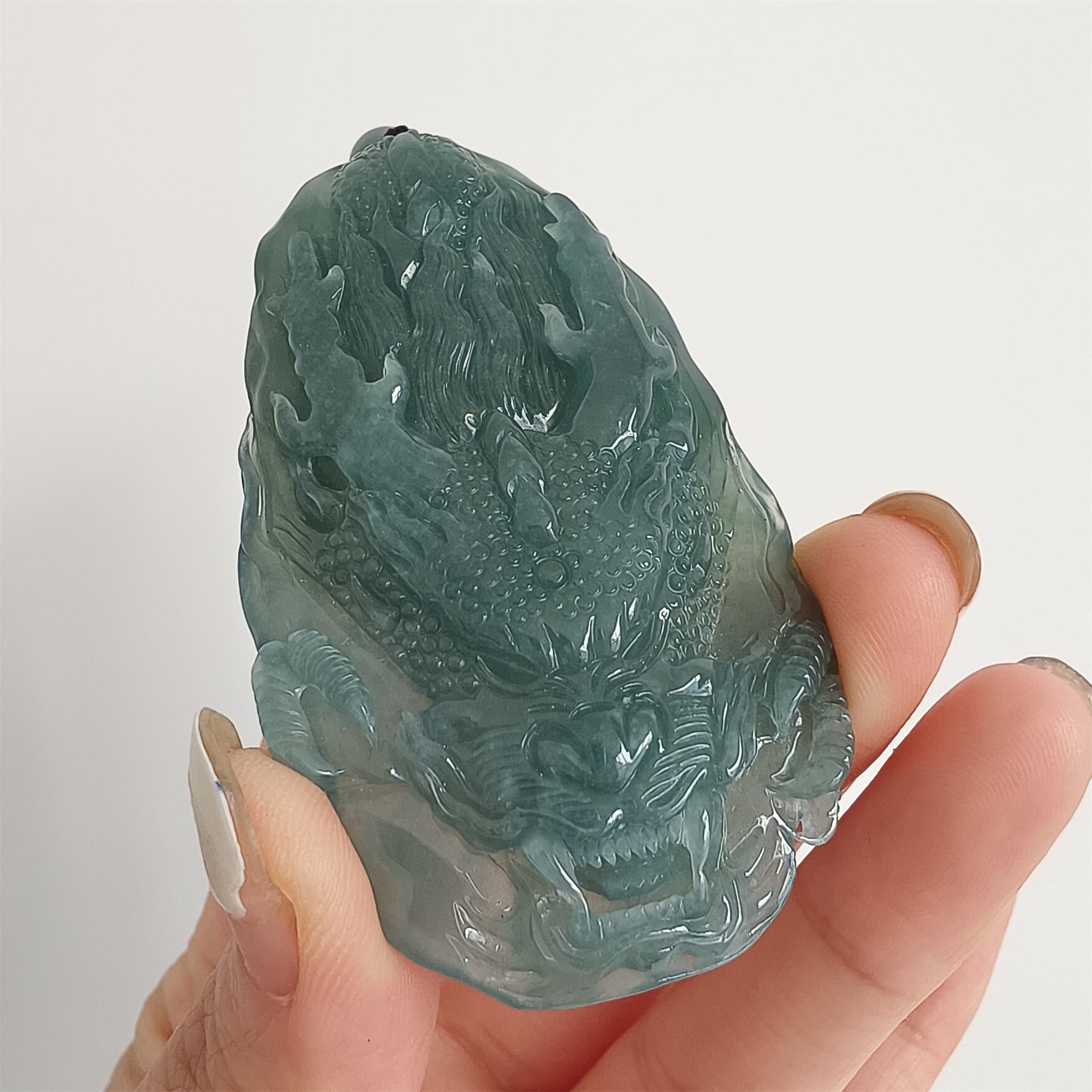 DDP 66mm Natural Type A Untreated Icy Waxy Blue Watery Guatemalan Jadeite Dragon Pendant