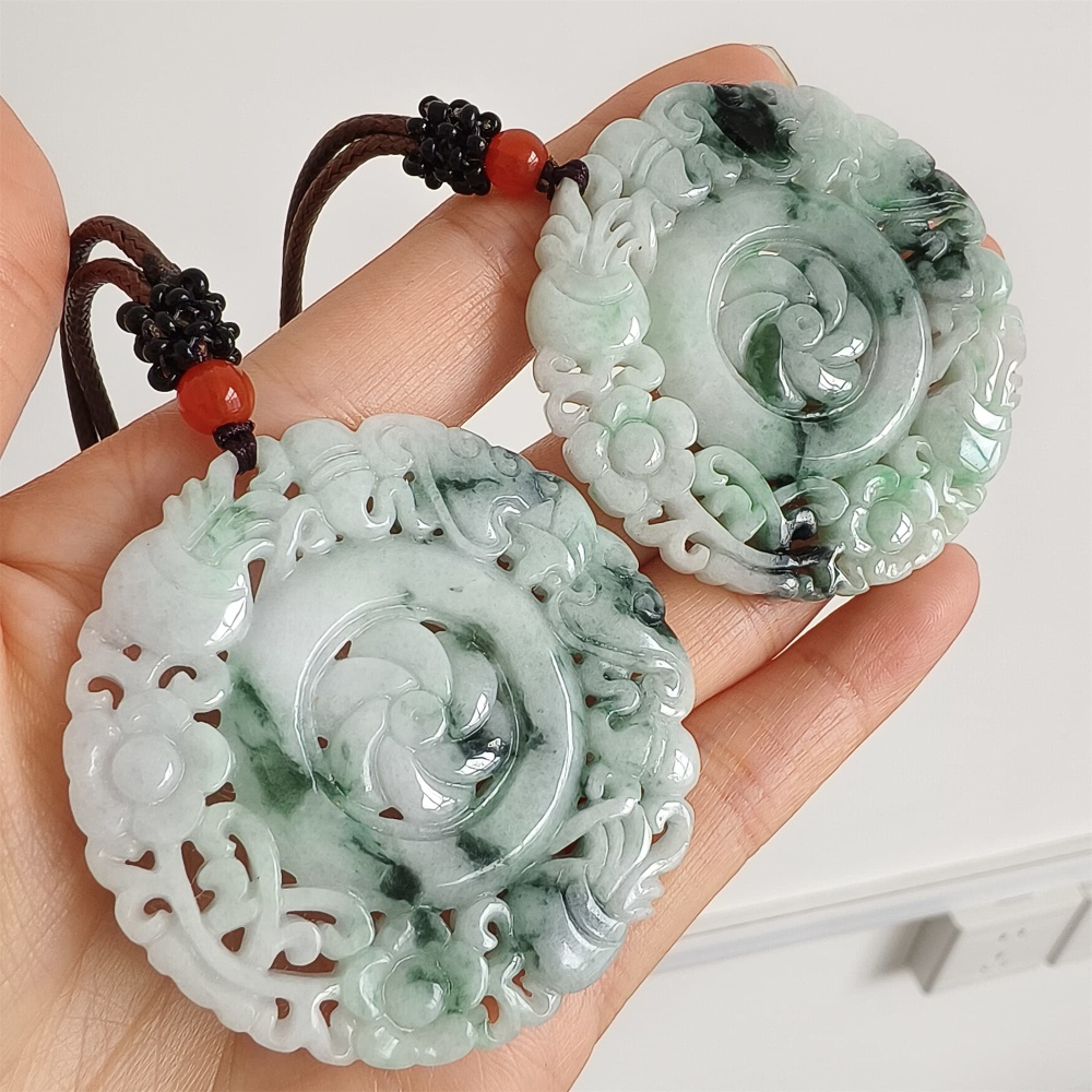 DDP 52.5mm Natural Certificated Type A Light Green Burmese Jadeite Round Pendant With Flower Carved