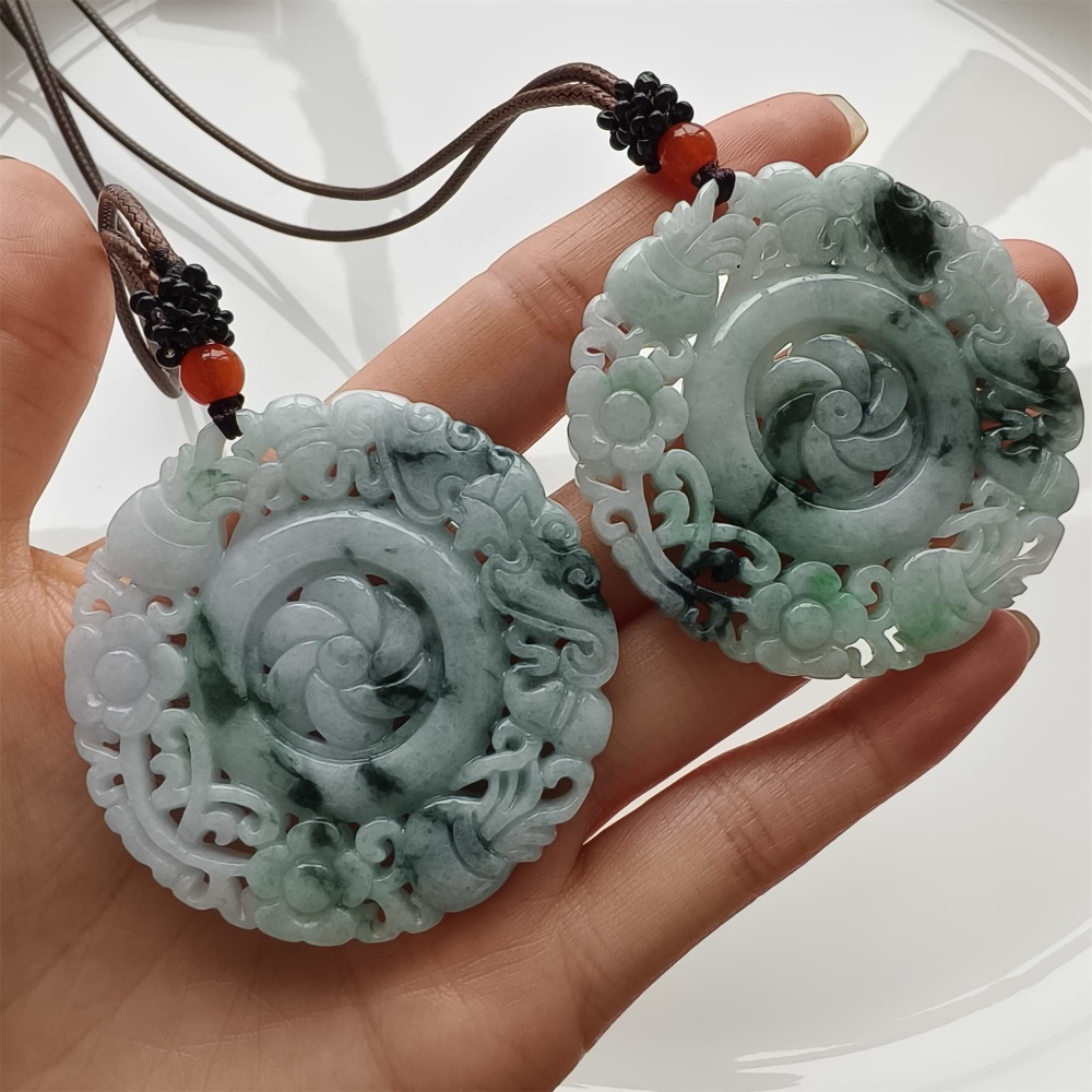 DDP 52.5mm Natural Certificated Type A Light Green Burmese Jadeite Round Pendant With Flower Carved