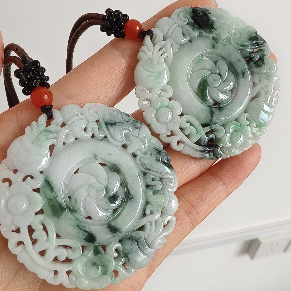 DDP 52.5mm Natural Certificated Type A Light Green Burmese Jadeite Round Pendant With Flower Carved