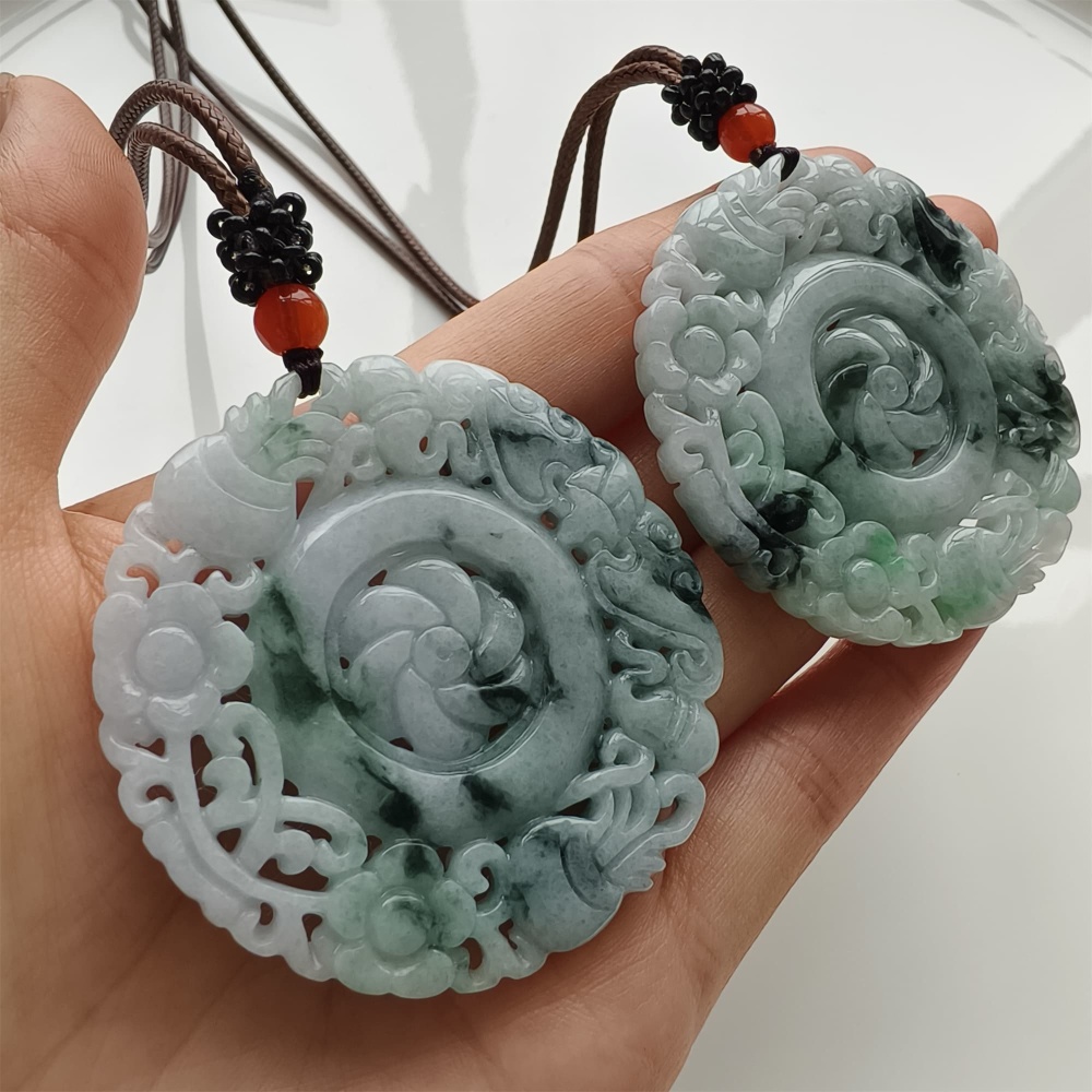 DDP 52.5mm Natural Certificated Type A Light Green Burmese Jadeite Round Pendant With Flower Carved