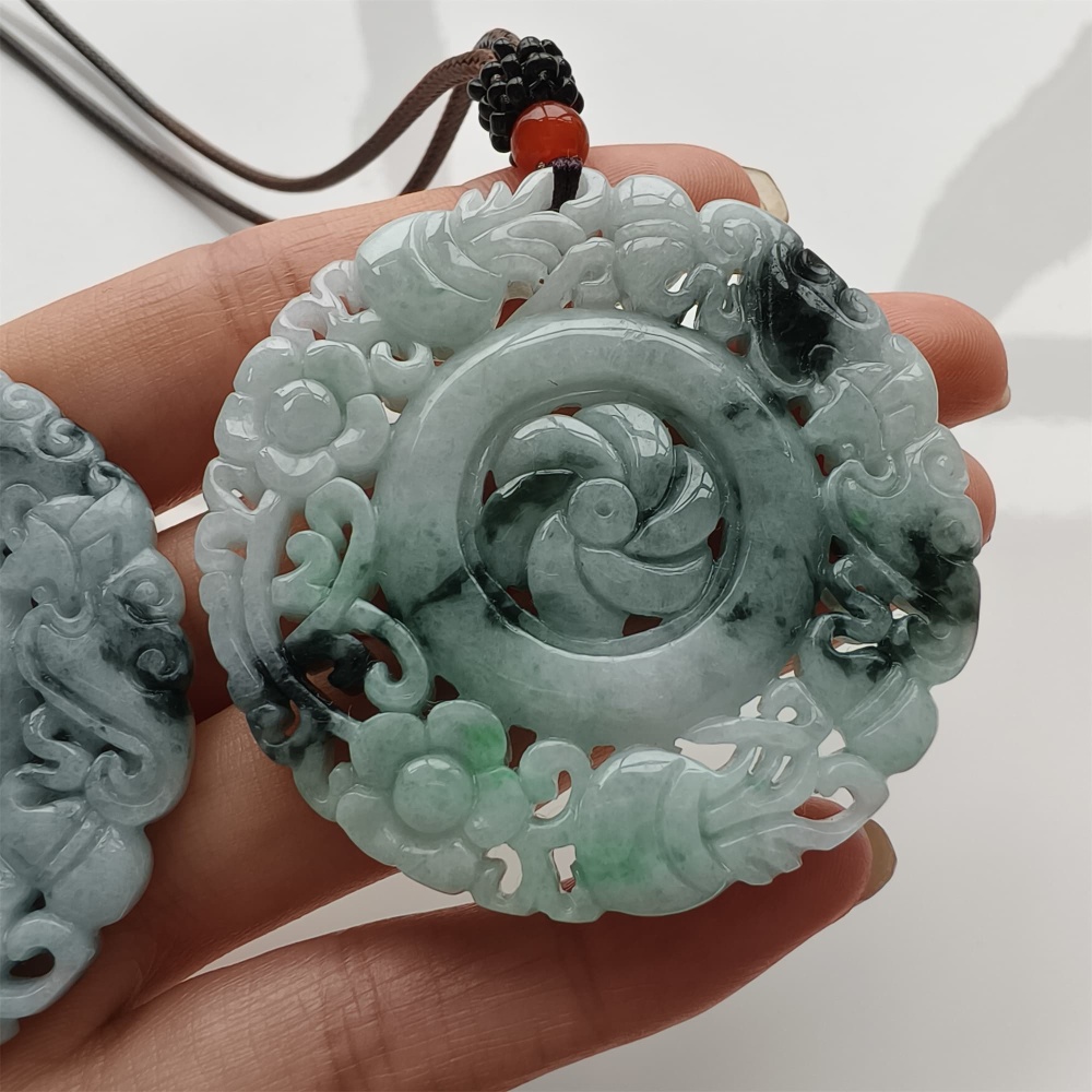 DDP 52.5mm Natural Certificated Type A Light Green Burmese Jadeite Round Pendant With Flower Carved