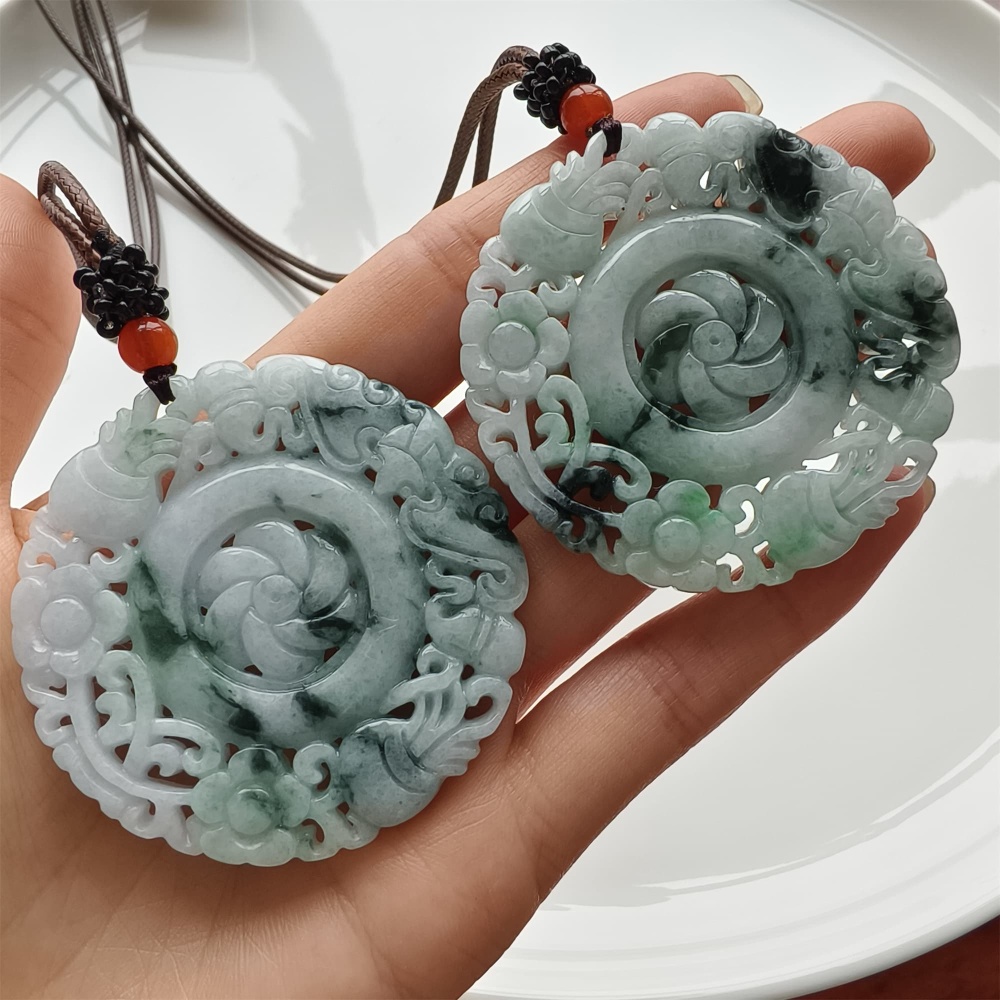 DDP 52.5mm Natural Certificated Type A Light Green Burmese Jadeite Round Pendant With Flower Carved