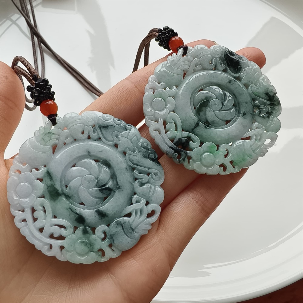 DDP 52.5mm Natural Certificated Type A Light Green Burmese Jadeite Round Pendant With Flower Carved