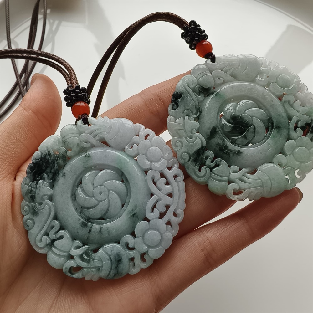 DDP 52.5mm Natural Certificated Type A Light Green Burmese Jadeite Round Pendant With Flower Carved
