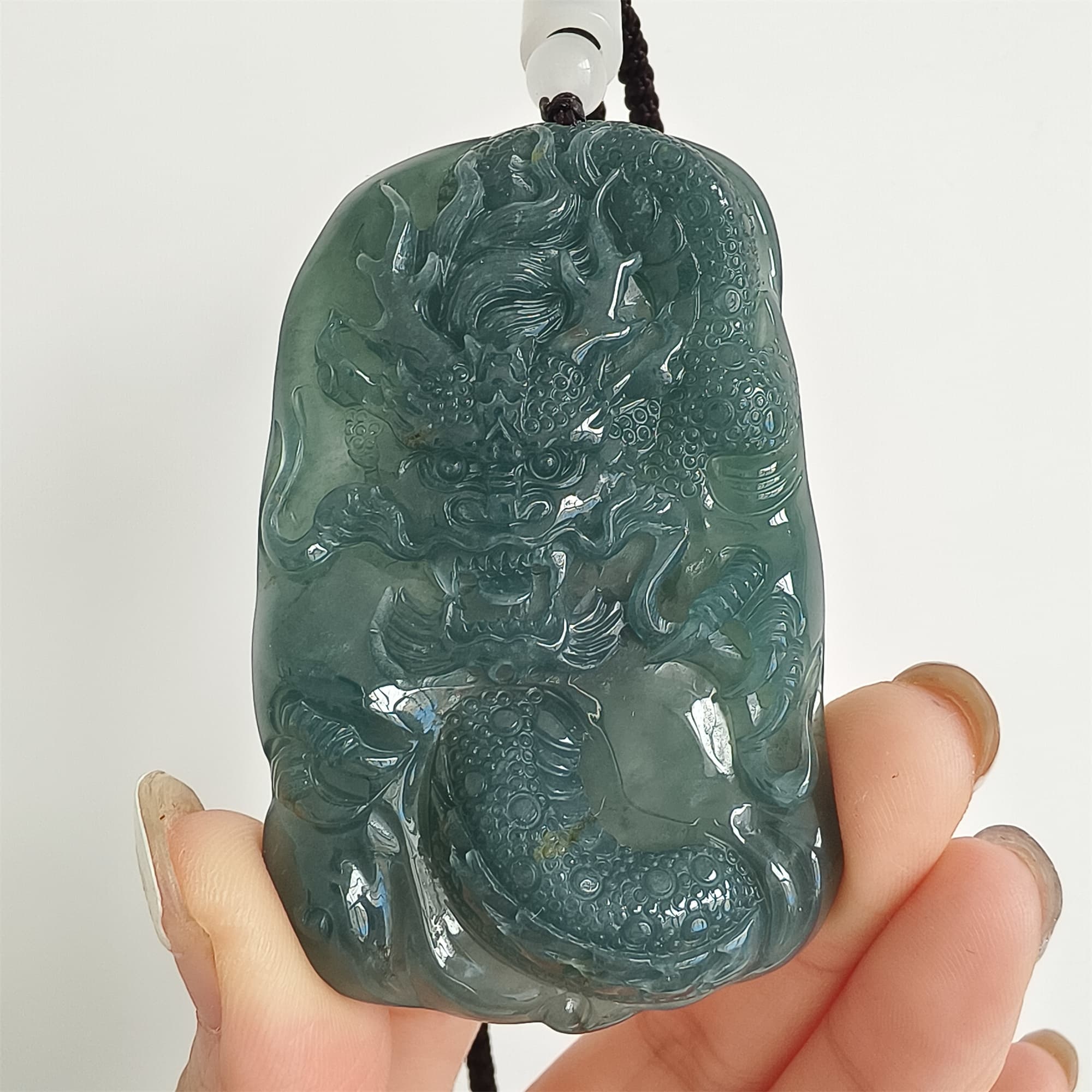 DDP 66mm Natural Type A Untreated Icy Waxy Blue Watery Guatemalan Jadeite Dragon Pendant