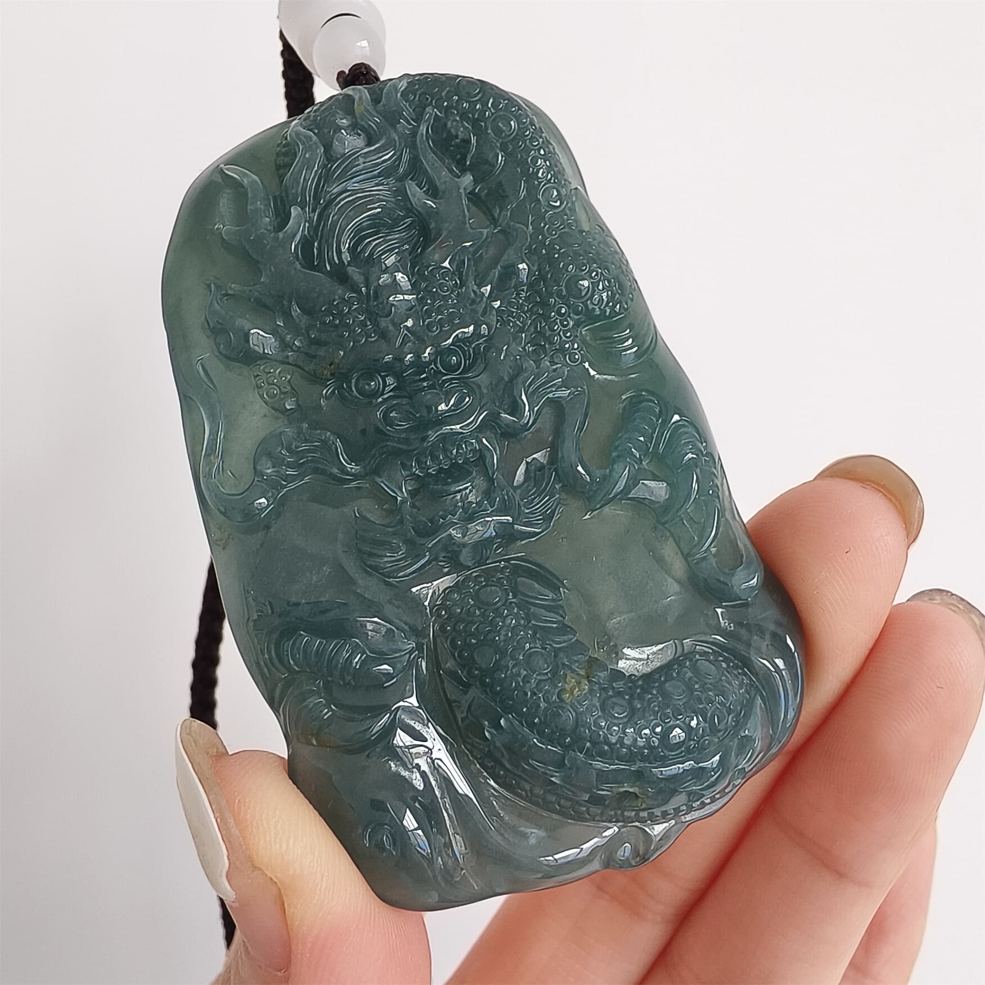 DDP 66mm Natural Type A Untreated Icy Waxy Blue Watery Guatemalan Jadeite Dragon Pendant