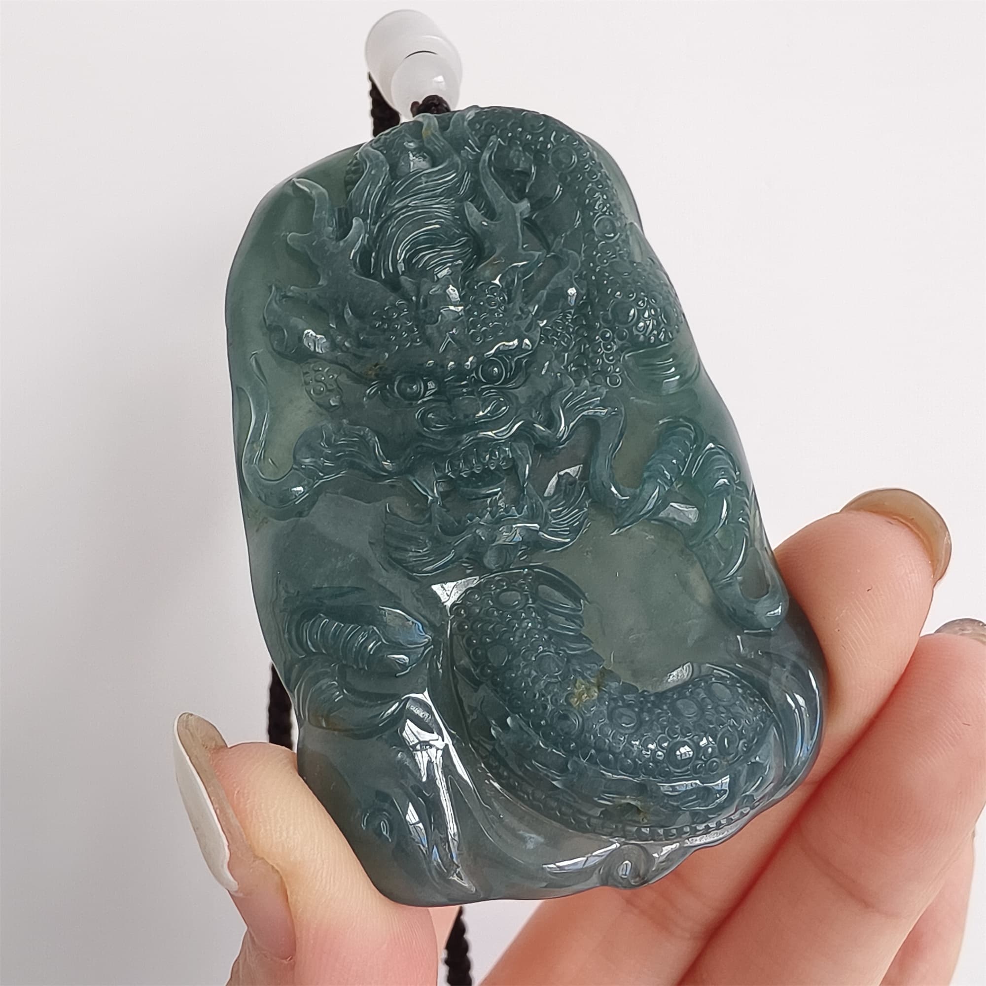 DDP 66mm Natural Type A Untreated Icy Waxy Blue Watery Guatemalan Jadeite Dragon Pendant