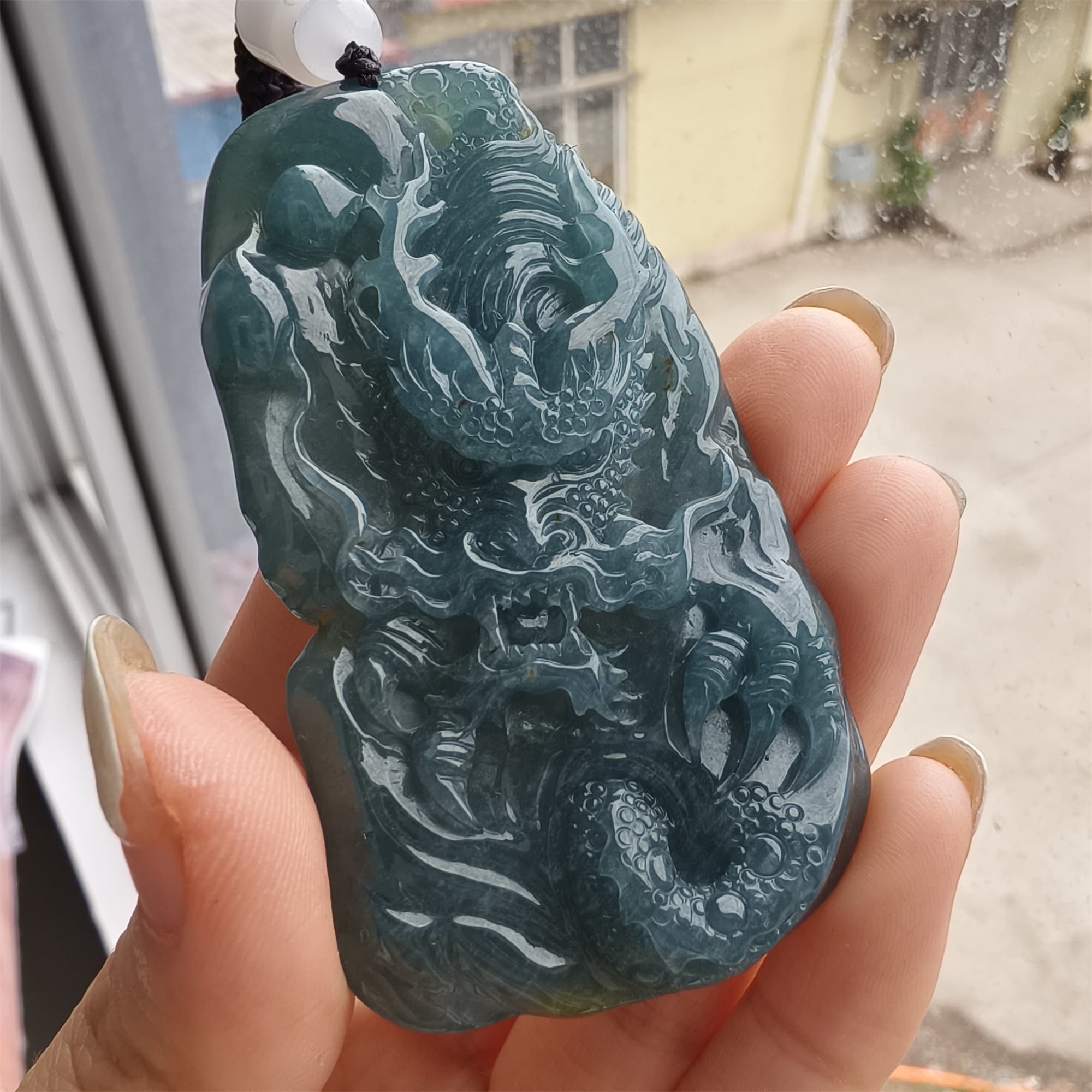 DDP 66mm Natural Type A Untreated Icy Waxy Blue Watery Guatemalan Jadeite Dragon Pendant